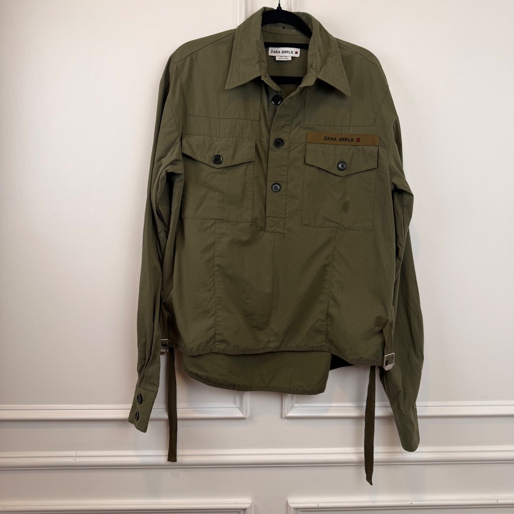 Zara SRPLS Olive Green Military Utility Popover Shirt Women Small Side Straps